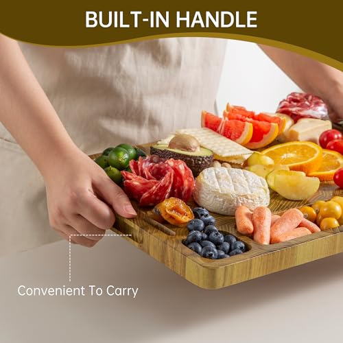 THETCHRY Teak Wood Cutting Boards for Kitchen, Large Charcuterie Board with Handle, 1" Thick Butcher Block, End Grain Cutting Board, Reversible Wooden Chopping Board for Meal Prep & Serving, 17"×13" - Image 5