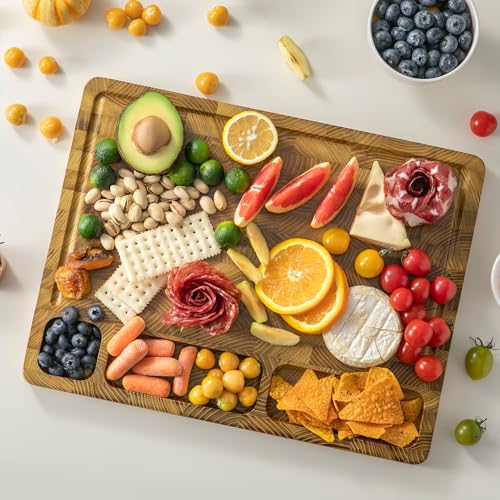 THETCHRY Teak Wood Cutting Boards for Kitchen, Large Charcuterie Board with Handle, 1" Thick Butcher Block, End Grain Cutting Board, Reversible Wooden Chopping Board for Meal Prep & Serving, 17"×13" - Image 4