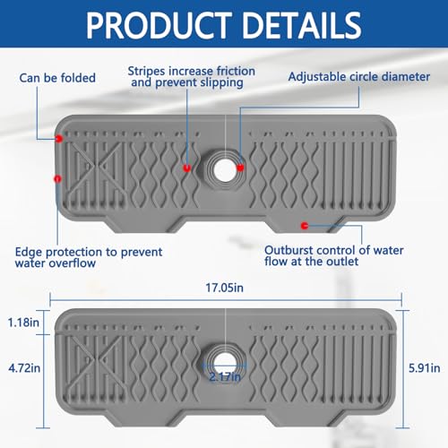 EBIGIC Sink Splash Guard Gen2-17" x 6'' Kitchen Sink Accessories,Silicone Sink Mat Splash Guard,fit for Countertop, Bathroom,Farmhouse,RV by EBIGIC (Grey) - Image 2