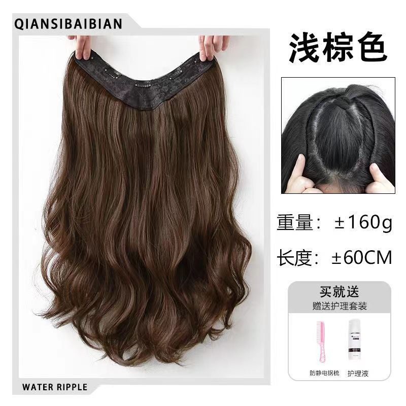 Generic Wig hair piece female long curly hair big wave one piece invisible natural fluffy artificial hair V-shaped curly hair piece wholesale 60cm light brown 