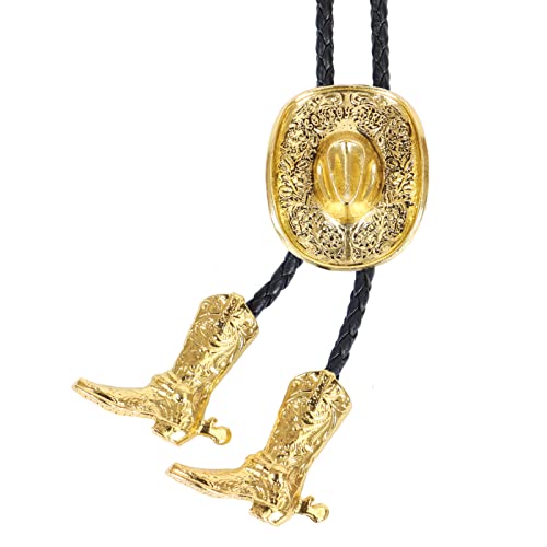 Wentur Bolo Ties for Men Western - 3D Cowboy Hat Bolo Tie with Vintage Cowboy Boots Bolo Tie Western Bolotie Cowboy Bola Tie (Gold Cowboy Hat Tie) - Image 1