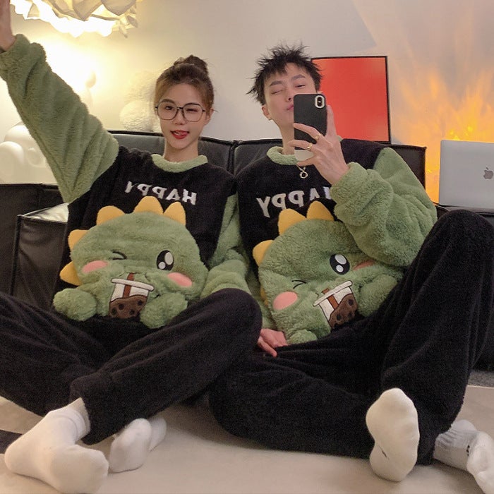 Couple'S Pajamas Winter Coral Fleece Women'S Thickened Fleece-Lined Warm Plush Cartoon Home Clothes Men'S Suit - Image 1