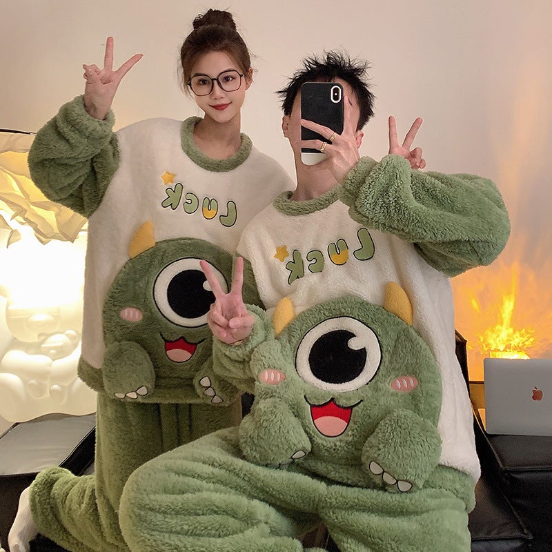 Couple'S Pajamas Winter Coral Fleece Women'S Thickened Fleece-Lined Warm Plush Cartoon Home Clothes Men'S Suit - Image 4