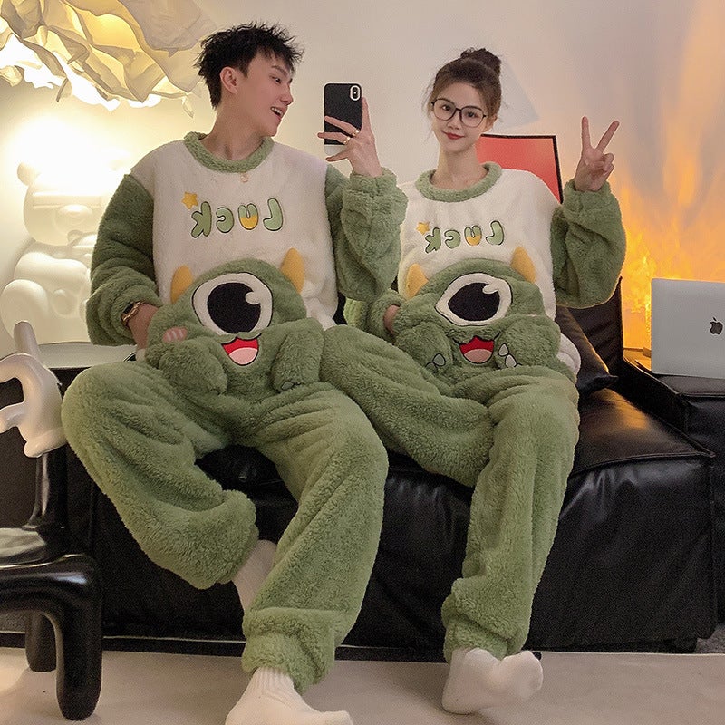 Couple'S Pajamas Winter Coral Fleece Women'S Thickened Fleece-Lined Warm Plush Cartoon Home Clothes Men'S Suit - Image 3