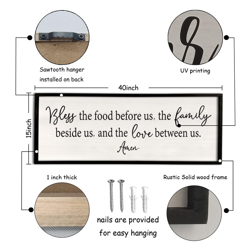 Surfapans Bless the Food Before Us Sign Wall Decor 40"X15" Large Farmhouse Dining Room Wall Decor Framed Wood Rustic Home Wall Art Kitchen Decoration (Black) - Image 3