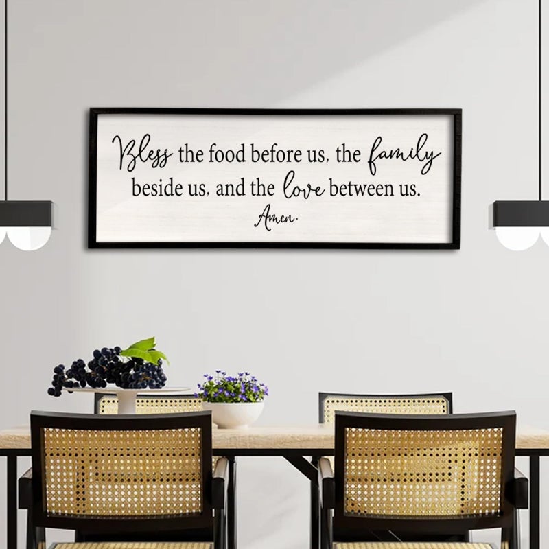 Surfapans Bless the Food Before Us Sign Wall Decor 40"X15" Large Farmhouse Dining Room Wall Decor Framed Wood Rustic Home Wall Art Kitchen Decoration (Black) - Image 1
