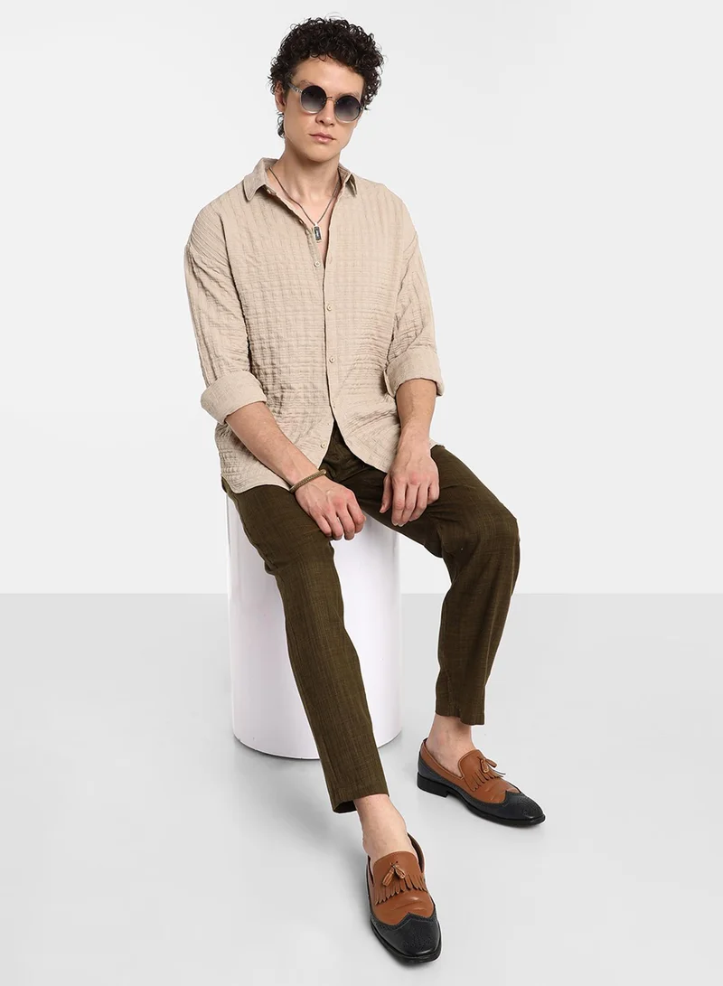 كامبوس سوترا Men's Saltbox Beige Dimentional-Textured Shirt
