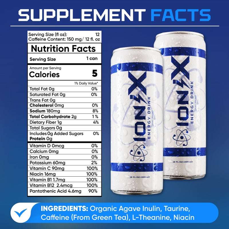IONIX مشروب الطاقة الخالي من السكر - مشروب نوتروبيك آيونكس لتعزيز التركيز والمزاج مع L-Theanine، كافيين الشاي الأخضر الطبيعي، الفيتامينات والبريبايوتيك لصحة الأمعاء - علب سعة 12 أونصة سائلة (عبوة من 12) - Image 3