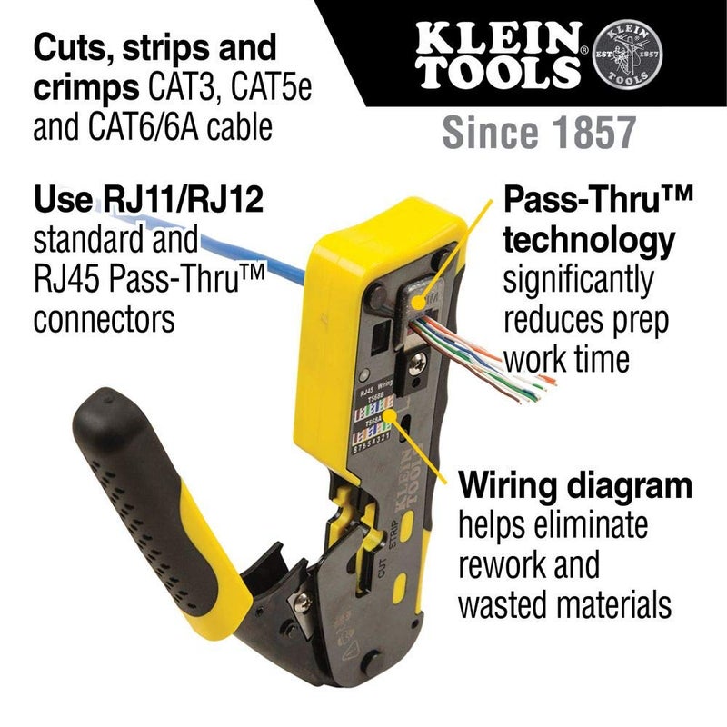 Klein Tools VDV226-110 Ratcheting Modular Data Cable Crimper / Wire Stripper / Wire Cutter for RJ11/RJ12 Standard, RJ45 Pass-Thru Connectors - Image 2
