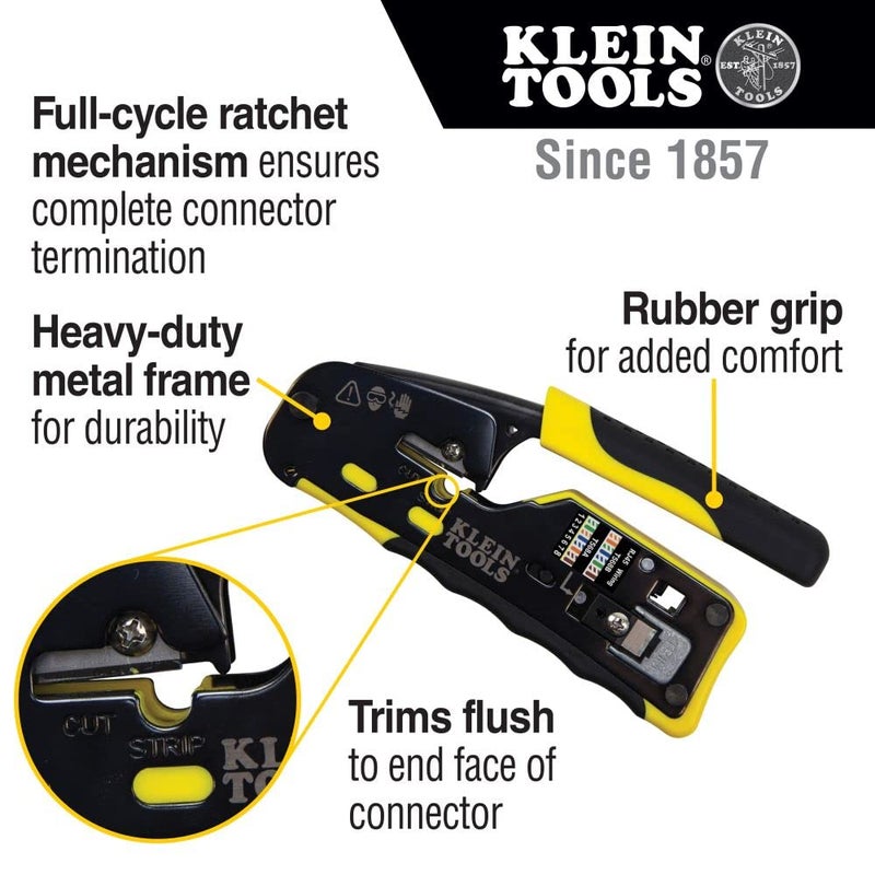 Klein Tools VDV226-110 Ratcheting Modular Data Cable Crimper / Wire Stripper / Wire Cutter for RJ11/RJ12 Standard, RJ45 Pass-Thru Connectors - Image 3