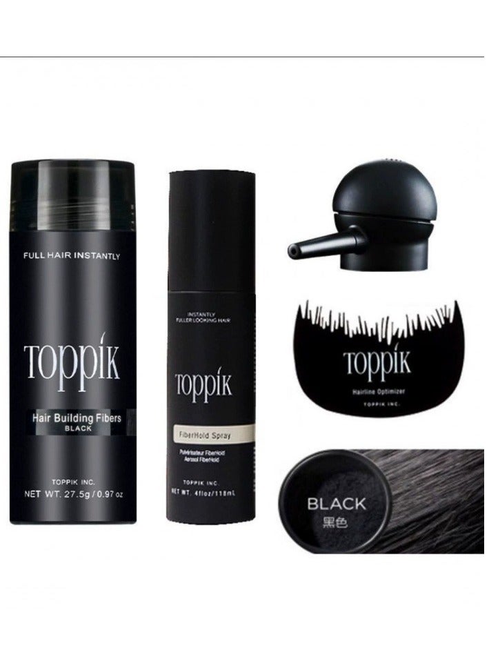 Toppik طقم مكون من 4 قطع: ألياف بناء الشعر سوداء 27.5 جرام + فوهة + رذاذ تثبيت الألياف 118 مل + مشط تحسين خط الشعر أداة تطبيق دقيقة للشعر الخفيف - يعزز خط الشعر بلمسة طبيعية، تطبيق سهل لألياف الشعر للرجال والنساء - أسود - Image 1