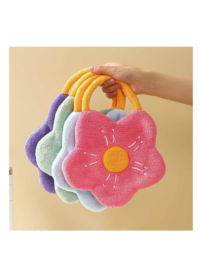 Y&D - Cute Flower Hand Towels with Hanging Loop, 4 Pcs Soft Absorbent Coral Fleece Towels, Bathroom Kitchen Quick Dry for Kids, Adults - Image 1