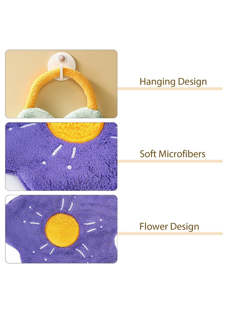 Y&D Cute Flower Hand Towels with Hanging Loop, 4 Pcs Soft Absorbent Coral Fleece Towels, Bathroom Kitchen Quick Dry for Kids, Adults  - Image 3