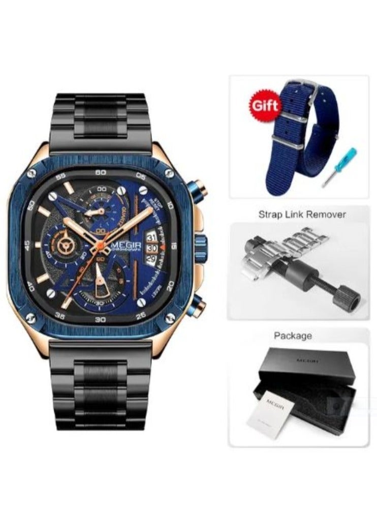 ميجر ساعة كوارتز MEGIR للرجال بمينا مربع مقاوم للماء وحزام من الفولاذ المقاوم للصدأ وأيدي مضيئة وتاريخ تلقائي - Image 1