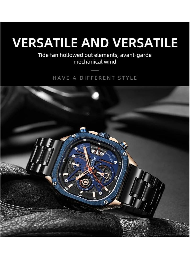 ميجر ساعة كوارتز MEGIR للرجال بمينا مربع مقاوم للماء وحزام من الفولاذ المقاوم للصدأ وأيدي مضيئة وتاريخ تلقائي - Image 2