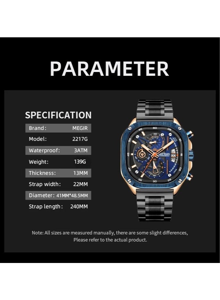 ميجر ساعة كوارتز MEGIR للرجال بمينا مربع مقاوم للماء وحزام من الفولاذ المقاوم للصدأ وأيدي مضيئة وتاريخ تلقائي - Image 5