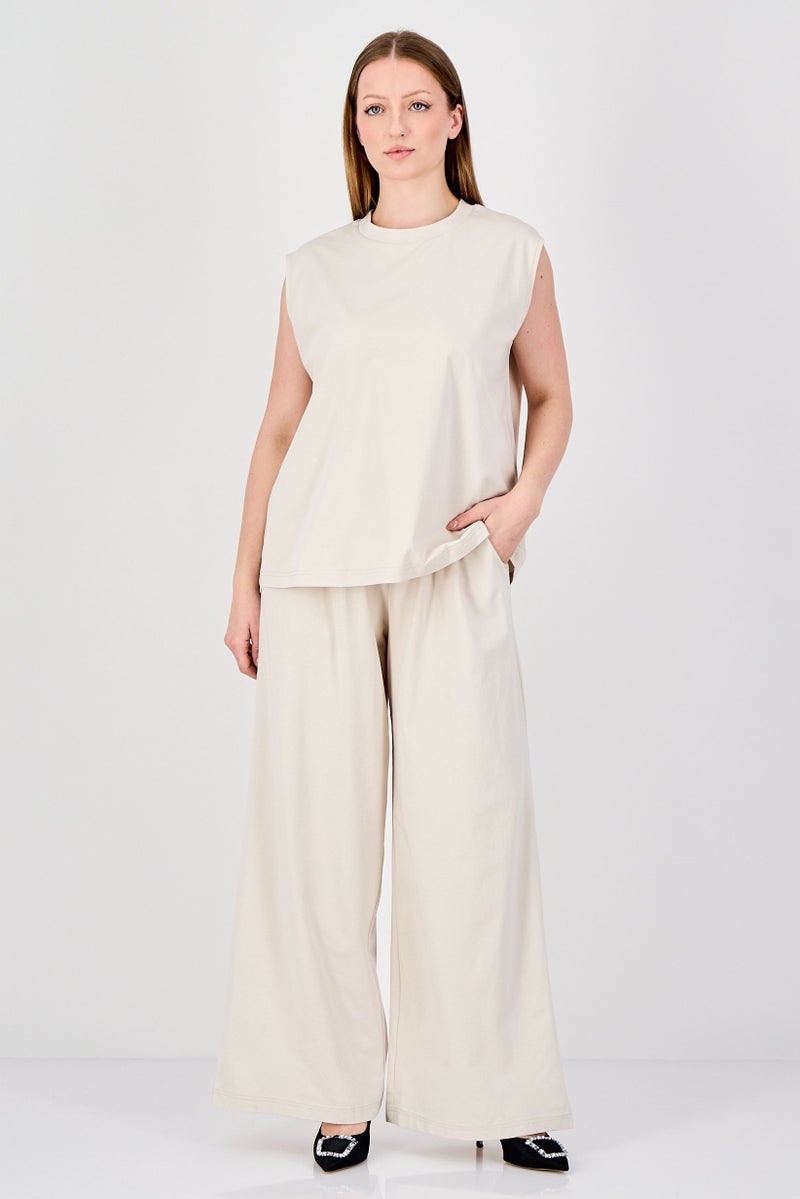 Fudo Comforts By Fudo Women 2 Pieces Sleeveless Plain Tank Top With Wide Leg Pants Set, Beige - Image 1