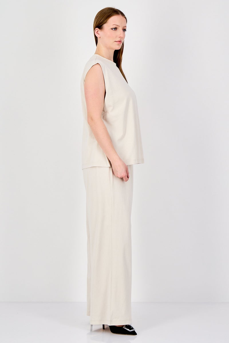 Fudo Comforts By Fudo Women 2 Pieces Sleeveless Plain Tank Top With Wide Leg Pants Set, Beige - Image 3