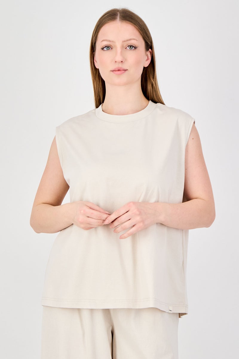 Fudo Comforts By Fudo Women 2 Pieces Sleeveless Plain Tank Top With Wide Leg Pants Set, Beige - Image 2