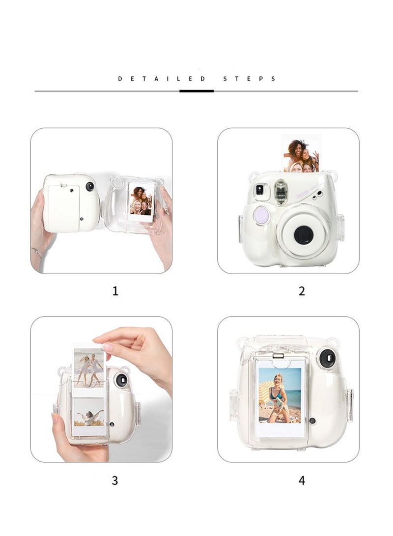 Fintie Protective Clear Case for Fujifilm Instax Mini 7+ Crystal Hard Shell Cover with Removable Shoulder Strap with Cartoon Decorative Stickers  - Image 4