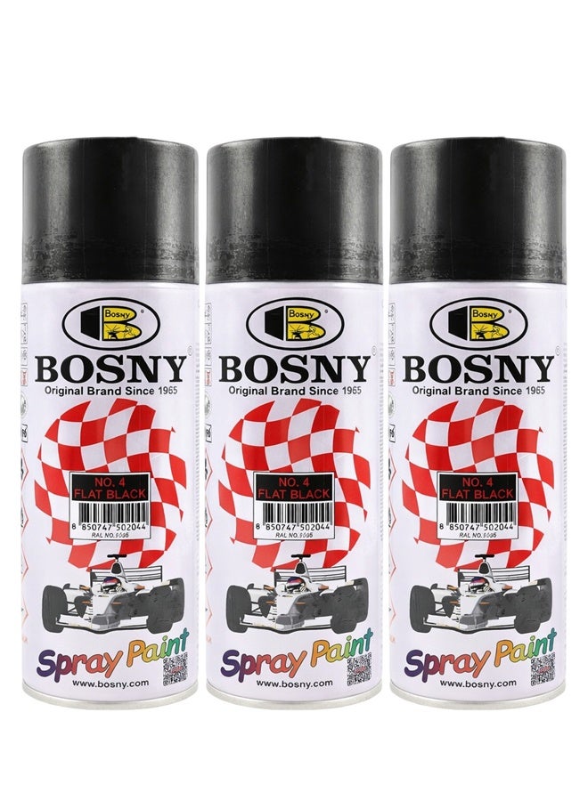 بوسني طلاء بخاخ Bosny (3 عبوات) – أسود مطفي (Aerosol) – سريع الجفاف، بلمسة نهائية غير لامعة؛ للاستخدام على المعادن، الخشب، البلاستيك، السيارات، مشاريع الأعمال اليدوية والاستخدام المنزلي. - Image 1
