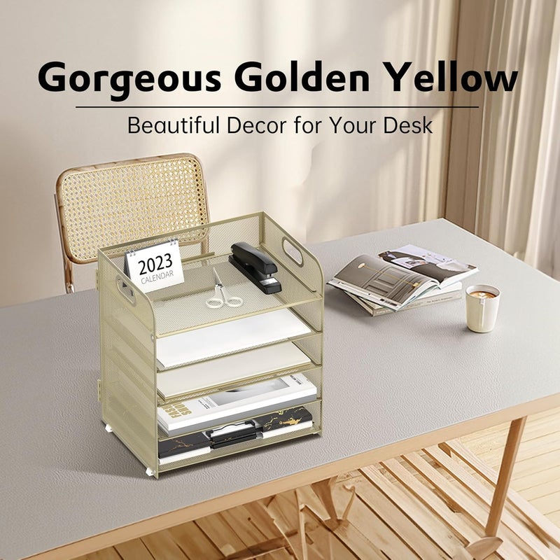 SUPEASY 5 Trays Paper Organizer Letter Tray with Handle-Mesh Desk File Organizer,Pink Paper Sorter Desk Organizer for Office, Home or School (Gold Yellow) - Image 2