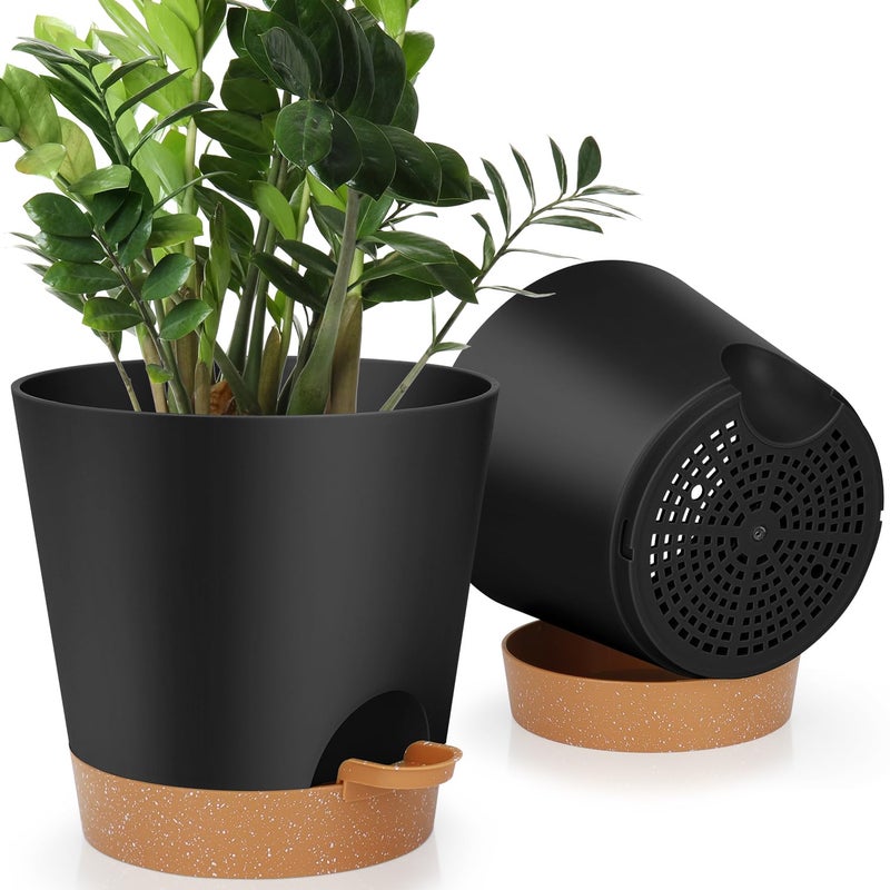 YNNICO 8-Inch Plant Pots, Self-Watering Planters with Drainage Holes & Saucers for Indoor and Outdoor Plants (2-Pack,Black) - Image 1