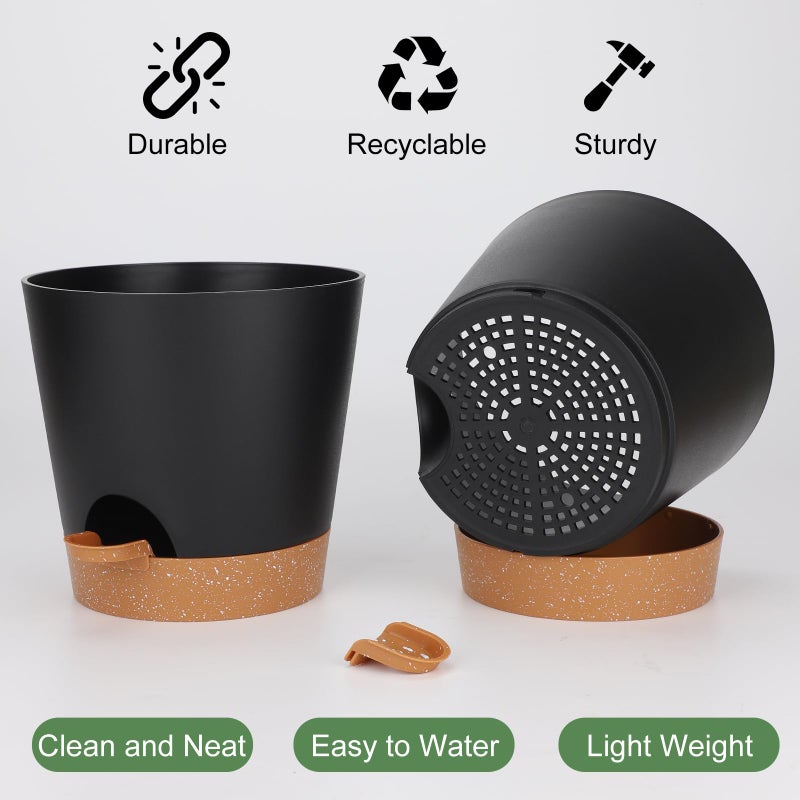 YNNICO 8-Inch Plant Pots, Self-Watering Planters with Drainage Holes & Saucers for Indoor and Outdoor Plants (2-Pack,Black) - Image 3