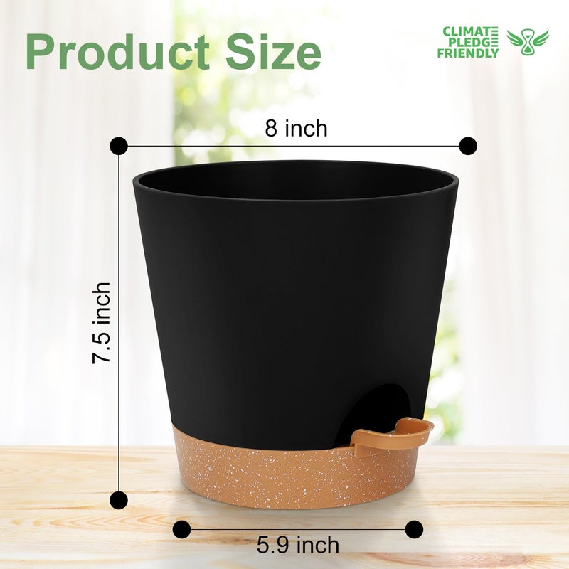 YNNICO 8-Inch Plant Pots, Self-Watering Planters with Drainage Holes & Saucers for Indoor and Outdoor Plants (2-Pack,Black) - Image 4