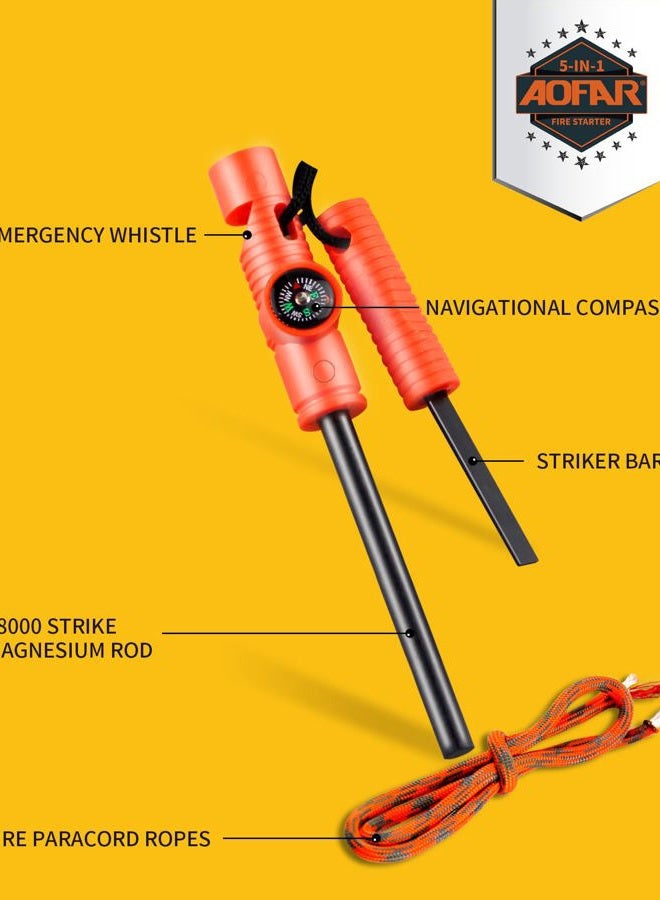 AOFAR Fire Starter AF-381 Fire Steel 5-in-1 for Camping, Hiking, Hunting, Backpacking, Boating, Outdoor Magnesium Survival Rod with Fire Paracord, Compass and Whistle, Waterproof (2-Pack)… - Image 2