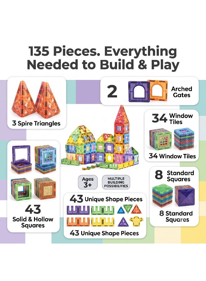 Magni Mates Magnetic Building Blocks Set 135 Pieces – 7.5cm DIY Construction Tiles with House and Tower Designs, Colorful Magnetic Shapes for Creative STEM Learning and Imaginative Play - Image 3