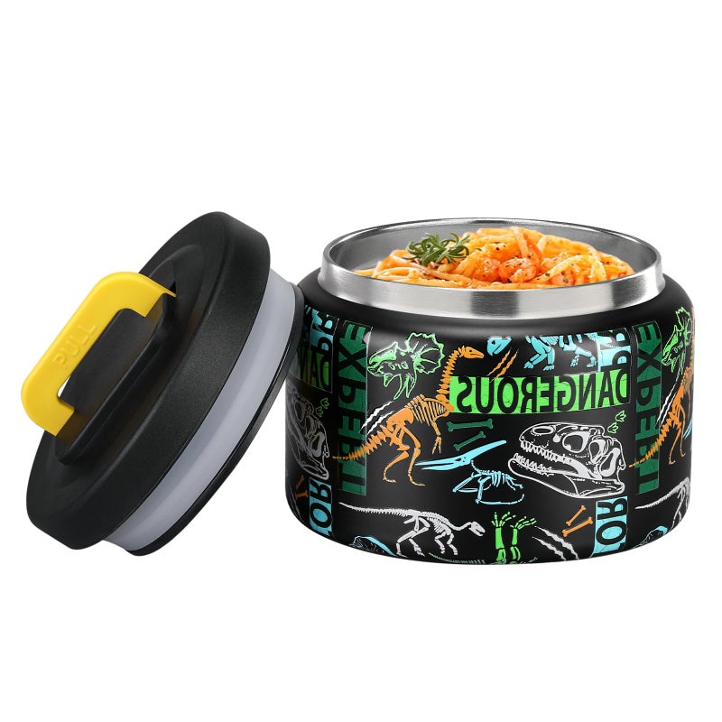 MAISON HUIS 8oz Soup Thermo Wide Mouth Vacuum Insulated Thermo Food Jar  Leak Proof Stainless Steel Food Thermo for Hot&Cold Food Kids Food Lunch Soup Container for School Travel (F-Black-Dinosaur - Image 1