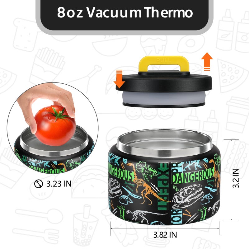 MAISON HUIS 8oz Soup Thermo Wide Mouth Vacuum Insulated Thermo Food Jar  Leak Proof Stainless Steel Food Thermo for Hot&Cold Food Kids Food Lunch Soup Container for School Travel (F-Black-Dinosaur - Image 4