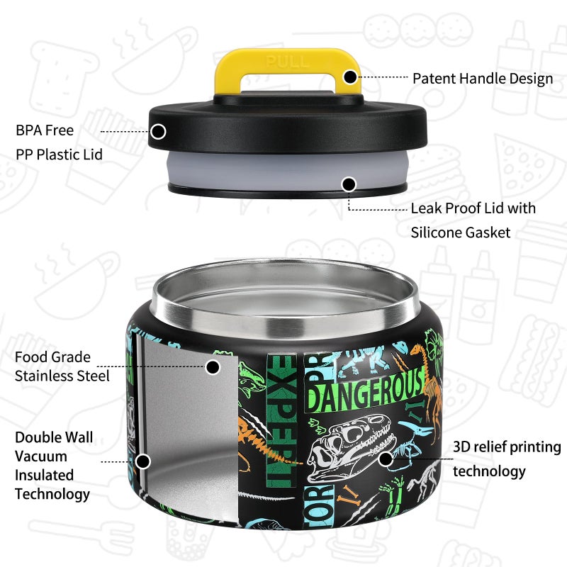MAISON HUIS 8oz Soup Thermo Wide Mouth Vacuum Insulated Thermo Food Jar  Leak Proof Stainless Steel Food Thermo for Hot&Cold Food Kids Food Lunch Soup Container for School Travel (F-Black-Dinosaur - Image 2