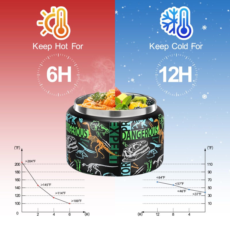 MAISON HUIS 8oz Soup Thermo Wide Mouth Vacuum Insulated Thermo Food Jar  Leak Proof Stainless Steel Food Thermo for Hot&Cold Food Kids Food Lunch Soup Container for School Travel (F-Black-Dinosaur - Image 3