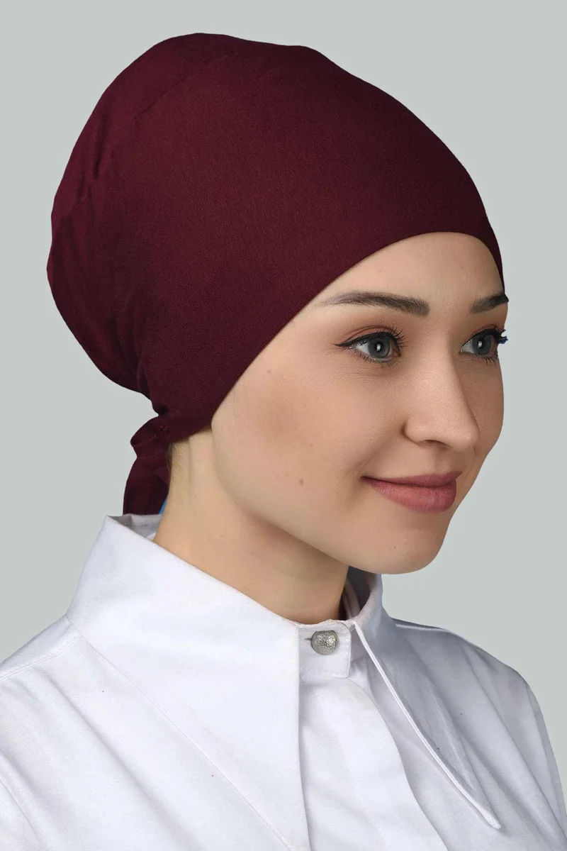Altobeh Women's Seamless Lace-Up Non-Slip Hijab Combed Cotton Bonnet - Claret Red