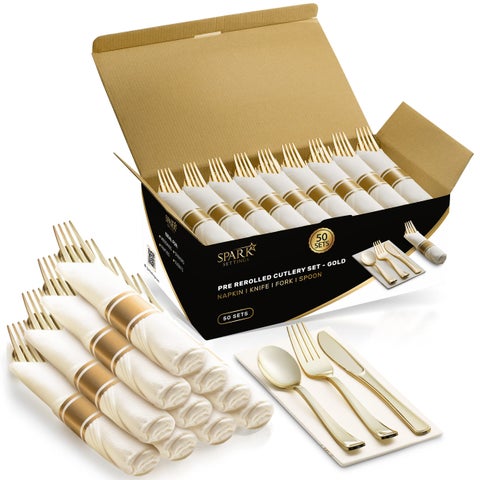 SparkSettings Gold Plastic Silverware - 50 Pre-Rolled Napkin and Cutlery Set  Elegant Wrapped With Forks  Knives  and Spoons - Disposable for Party