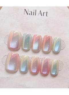 Rozino Gradient Rainbow Cat Eye Glitter Square Nail Tips Set of 10 - Middle Length Full Cover Glossy Finish False Nails for Daily Wear and Special Occasions-Medium  - Image 1