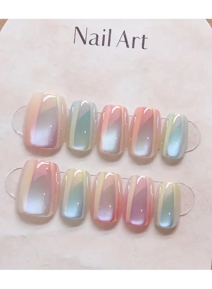 Rozino Gradient Rainbow Cat Eye Glitter Square Nail Tips Set of 10 - Middle Length Full Cover Glossy Finish False Nails for Daily Wear and Special Occasions-Medium - Image 1