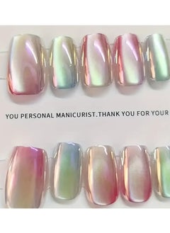 Rozino Gradient Rainbow Cat Eye Glitter Square Nail Tips Set of 10 - Middle Length Full Cover Glossy Finish False Nails for Daily Wear and Special Occasions-Medium  - Image 3
