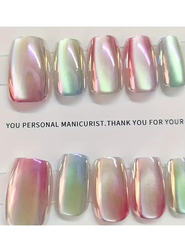 Rozino Gradient Rainbow Cat Eye Glitter Square Nail Tips Set of 10 - Middle Length Full Cover Glossy Finish False Nails for Daily Wear and Special Occasions-Medium - Image 3