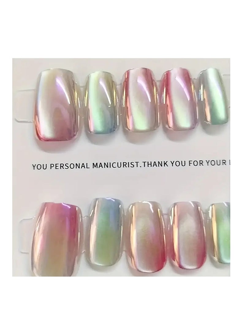 Rozino Gradient Rainbow Cat Eye Glitter Square Nail Tips Set of 10 - Middle Length Full Cover Glossy Finish False Nails for Daily Wear and Special Occasions-Medium - Image 5