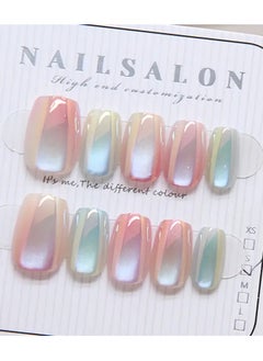 Rozino Gradient Rainbow Cat Eye Glitter Square Nail Tips Set of 10 - Middle Length Full Cover Glossy Finish False Nails for Daily Wear and Special Occasions-Medium  - Image 4
