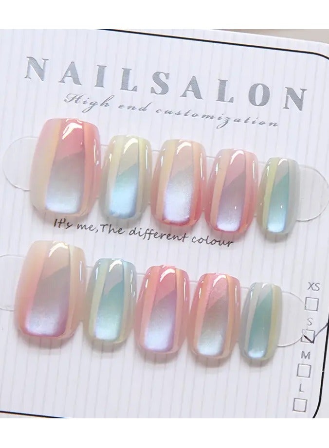Rozino Gradient Rainbow Cat Eye Glitter Square Nail Tips Set of 10 - Middle Length Full Cover Glossy Finish False Nails for Daily Wear and Special Occasions-Medium - Image 4