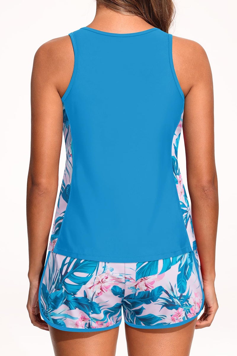 Yonique Women Tankini Swimsuit with Shorts - Tummy Control Two Piece Bathing Suit 2025 Swimwear with Sporty Pockets Blue Floral M - Image 2
