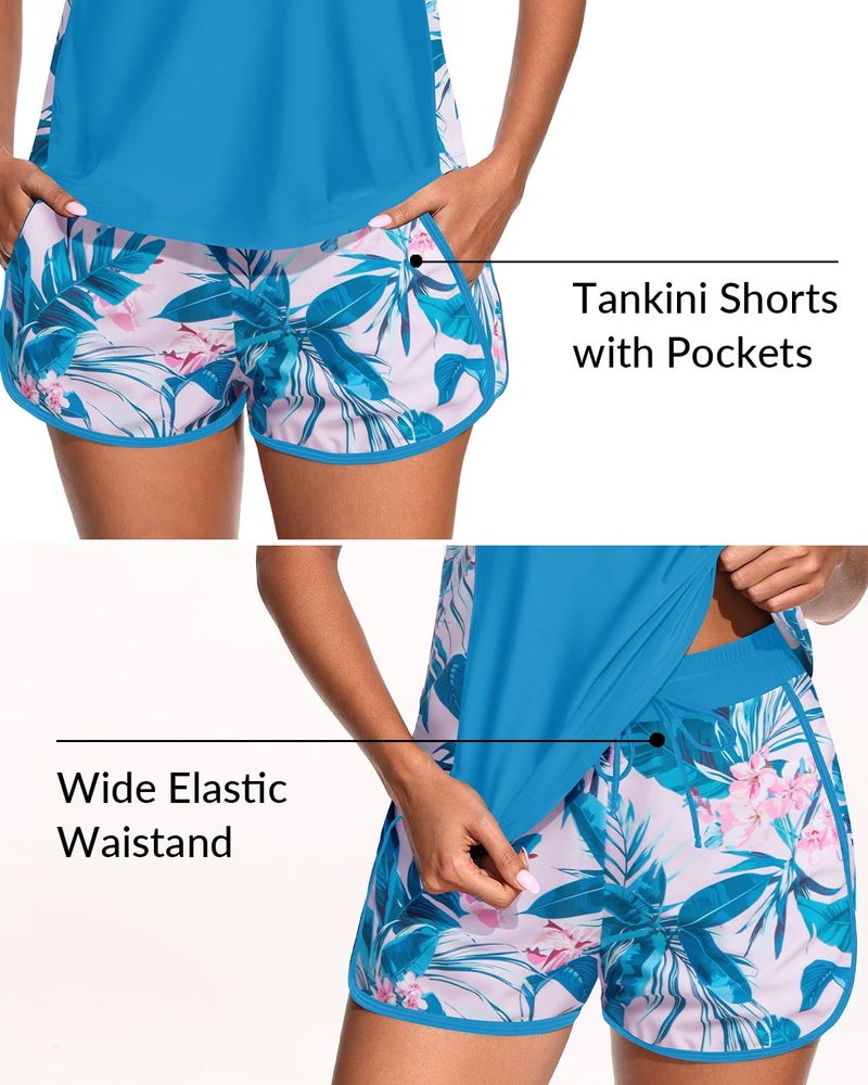 Yonique Women Tankini Swimsuit with Shorts - Tummy Control Two Piece Bathing Suit 2025 Swimwear with Sporty Pockets Blue Floral M - Image 4