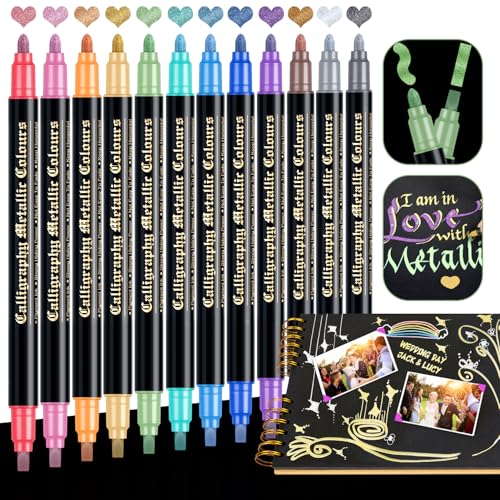 DAPAWIN Metallic Markers for Scrapbooking: 12 Scrapbook Markers for Black Paper, Rock, DIY Card Decorative, Wedding, Graduation Scrapbook Supplies, Dual Tips Scrapbooking Pens - Image 1