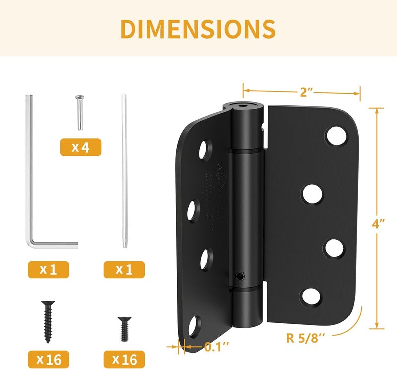 Luxbaro 2 Pack Self Closing Door Hinges 4 Inch, Matte Black Spring Loaded Hinges with 5/8'' Radius Corners, Adjustable Tension for Garage, Front Door, for Left and Right Hand Door, UL Listed - Image 2