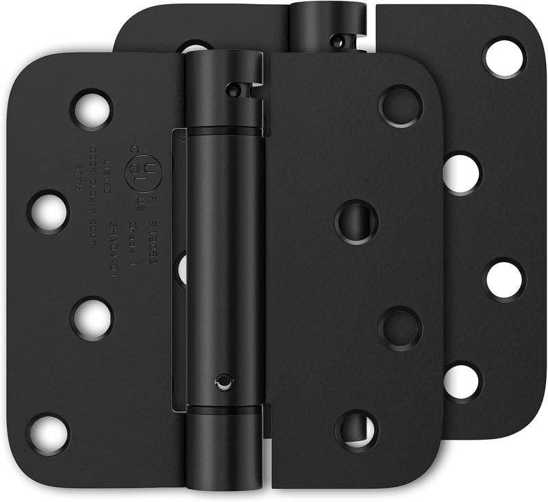 Luxbaro 2 Pack Self Closing Door Hinges 4 Inch, Matte Black Spring Loaded Hinges with 5/8'' Radius Corners, Adjustable Tension for Garage, Front Door, for Left and Right Hand Door, UL Listed - Image 1