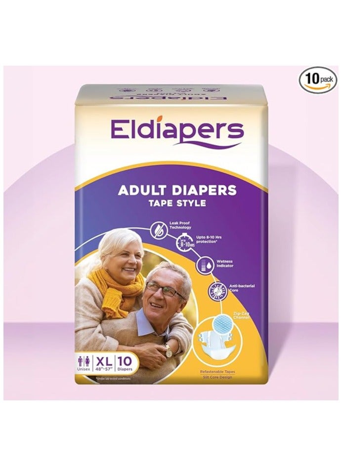 الحفاضات حفاضات Eldiapers للبالغين بنمط شريطي، للجنسين، مقاس XL 48-57 بوصة، 10 حفاضات، حماية من 8 إلى 10 ساعات - Image 1